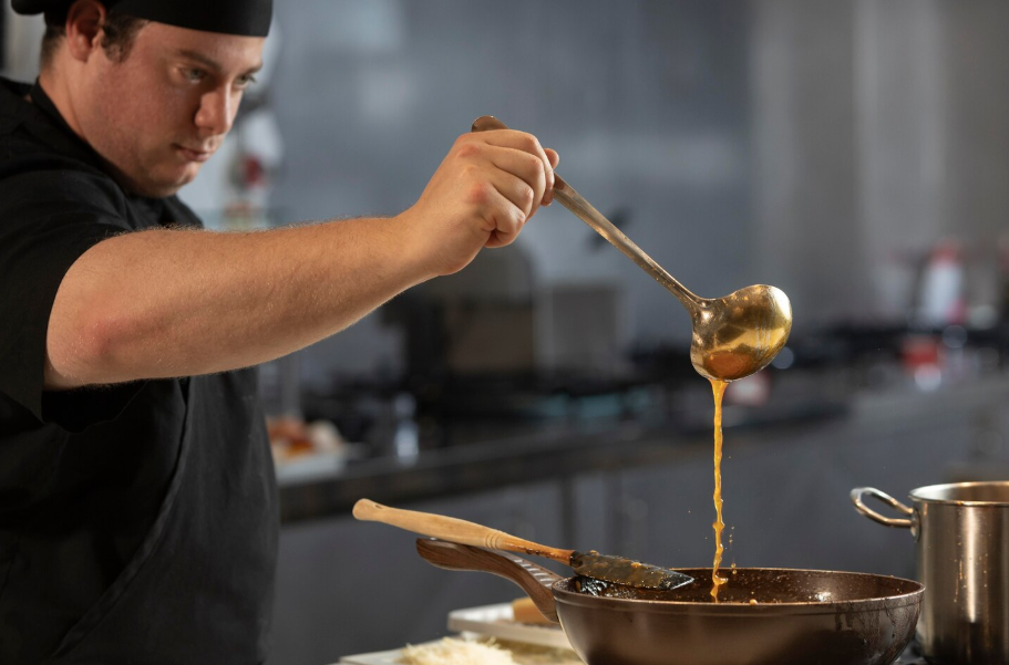 Chef demonstrating how to deglaze a pan by pouring hot sauce from a ladle into a skillet.
