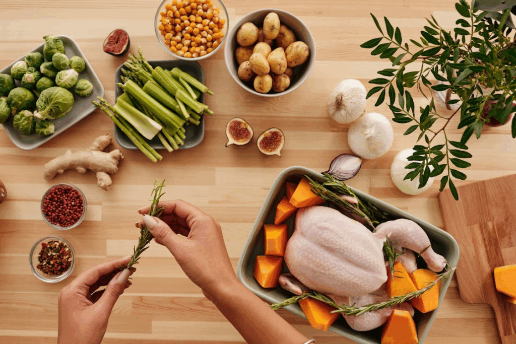 Hands prepping herbs beside a tray of whole chicken and chopped vegetables for batch cooking.