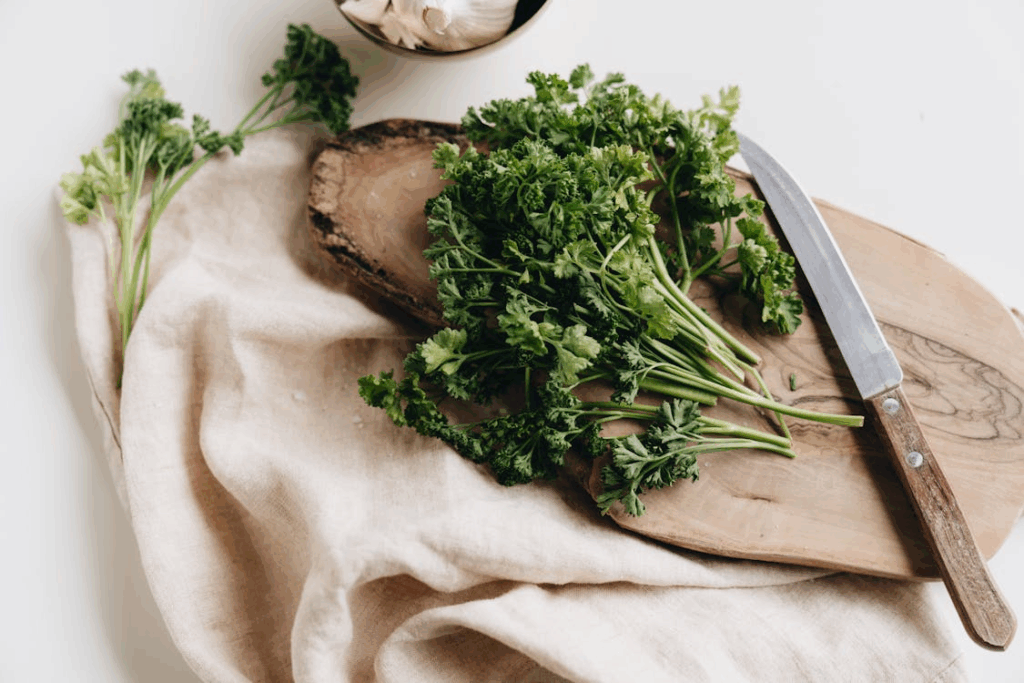 Fresh herbs on cutting board